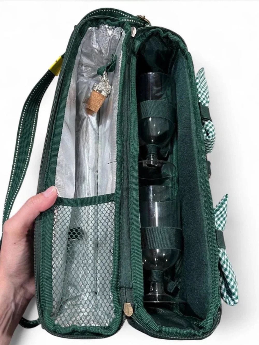 Green Travel Double-Zip Wine Bag with Brown Accents